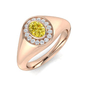 Oval Yellow Diamond Halo Signet Ring with Natural Diamond Surround in 10K/14K gold and platinum with certified lab-grown or natural diamonds