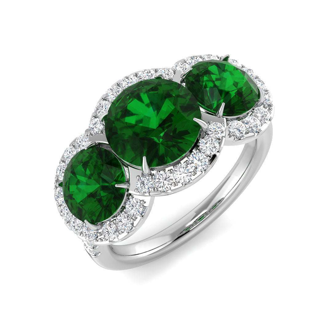Emerald Three Stone Ring with Natural Diamond Halo in 10K/14K gold and platinum with certified lab-grown or natural diamonds
