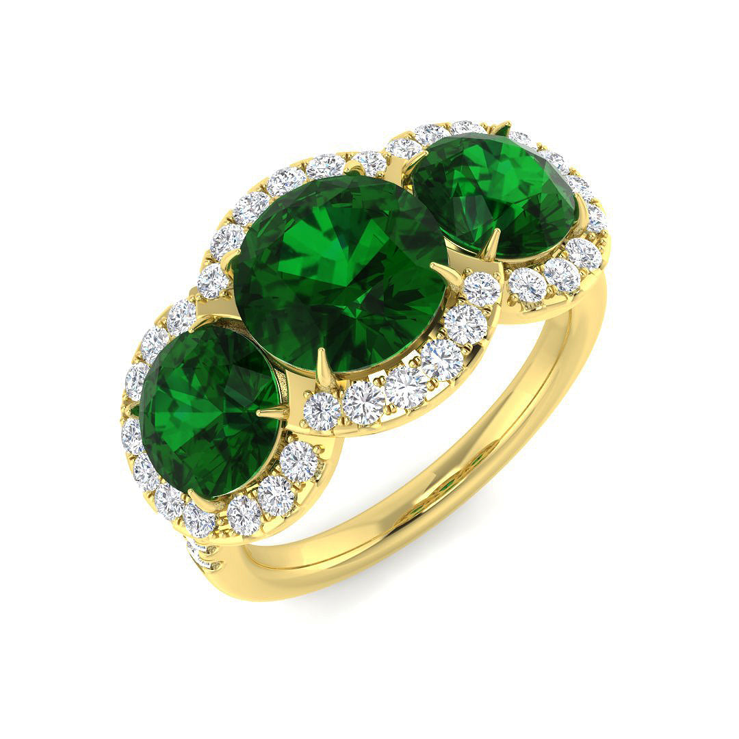 Emerald Three Stone Ring with Natural Diamond Halo in 10K/14K gold and platinum with certified lab-grown or natural diamonds
