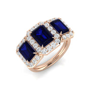 Blue Sapphire Halo Ring Three Stone Diamond in 10K/14K gold and platinum with certified lab-grown or natural diamonds