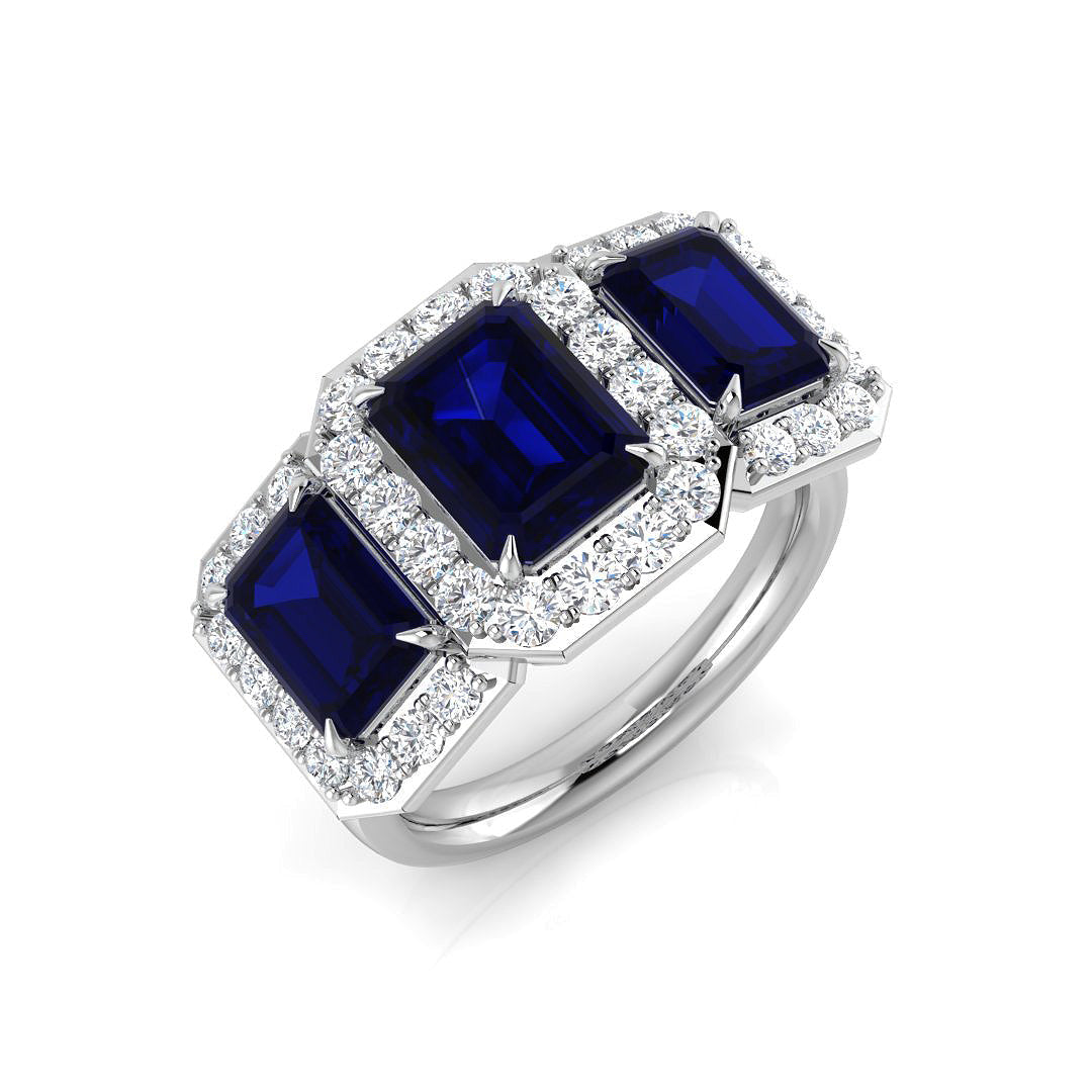 Blue Sapphire Halo Ring Three Stone Diamond in 10K/14K gold and platinum with certified lab-grown or natural diamonds