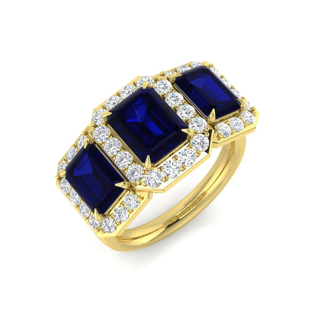 Blue Sapphire Halo Ring Three Stone Diamond in 10K/14K gold and platinum with certified lab-grown or natural diamonds