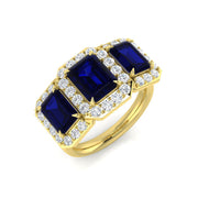 Blue Sapphire Halo Ring Three Stone Diamond in 10K/14K gold and platinum with certified lab-grown or natural diamonds