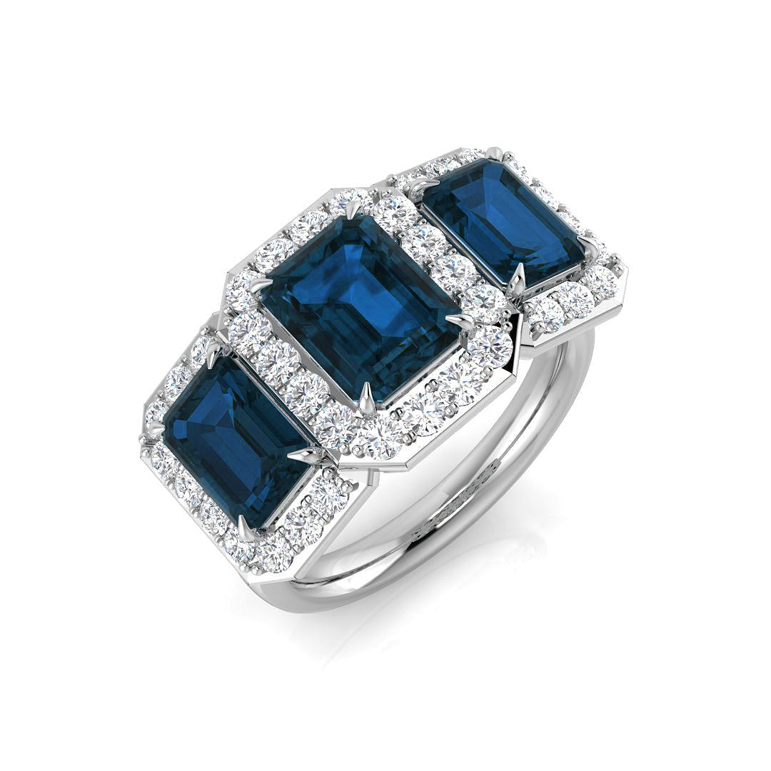 London Blue Topaz Halo Ring Three Stone with Diamonds in 10K/14K gold and platinum with certified lab-grown or natural diamonds