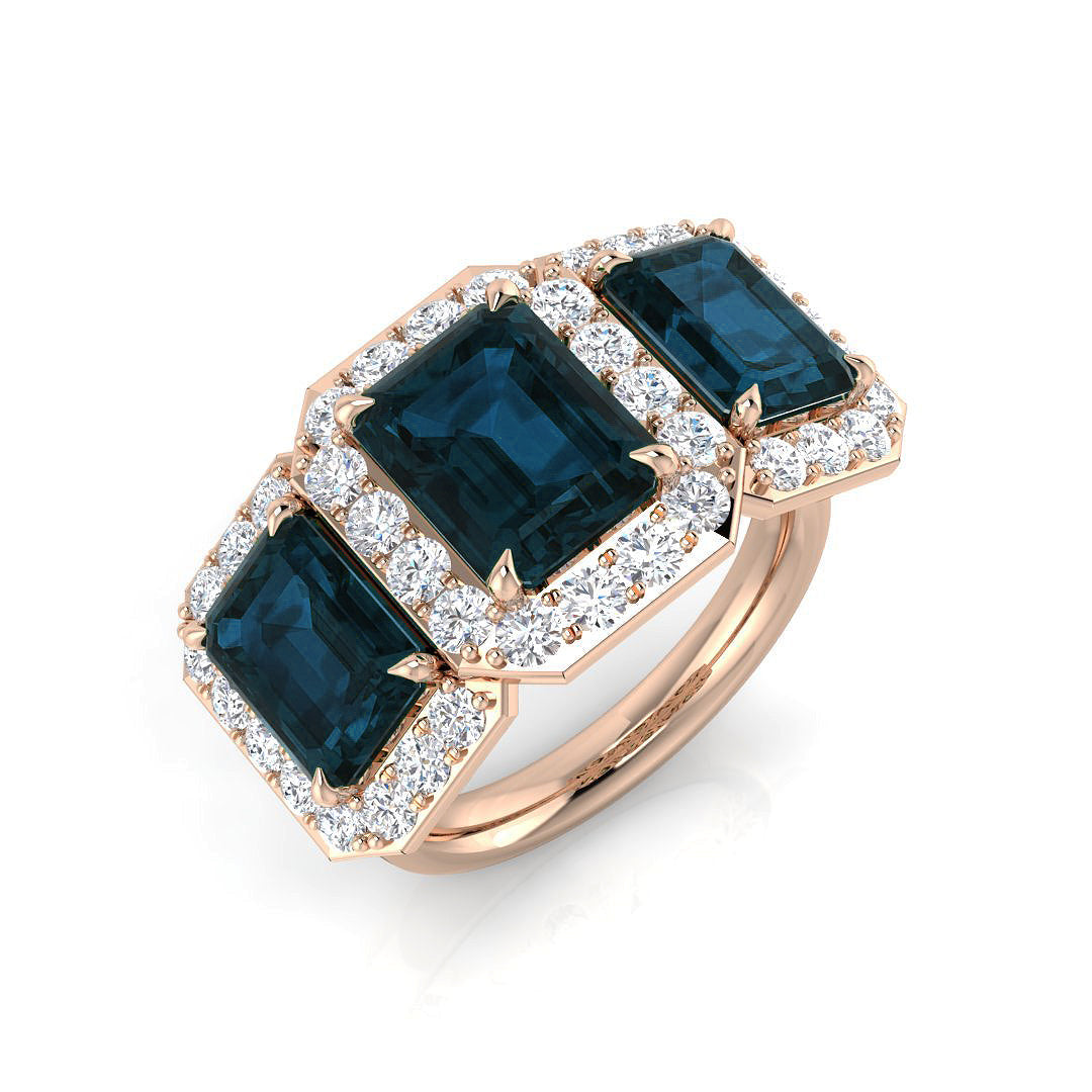 London Blue Topaz Three Stone Halo Ring with Natural Round Diamonds in 10K/14K gold and platinum with certified lab-grown or natural diamonds