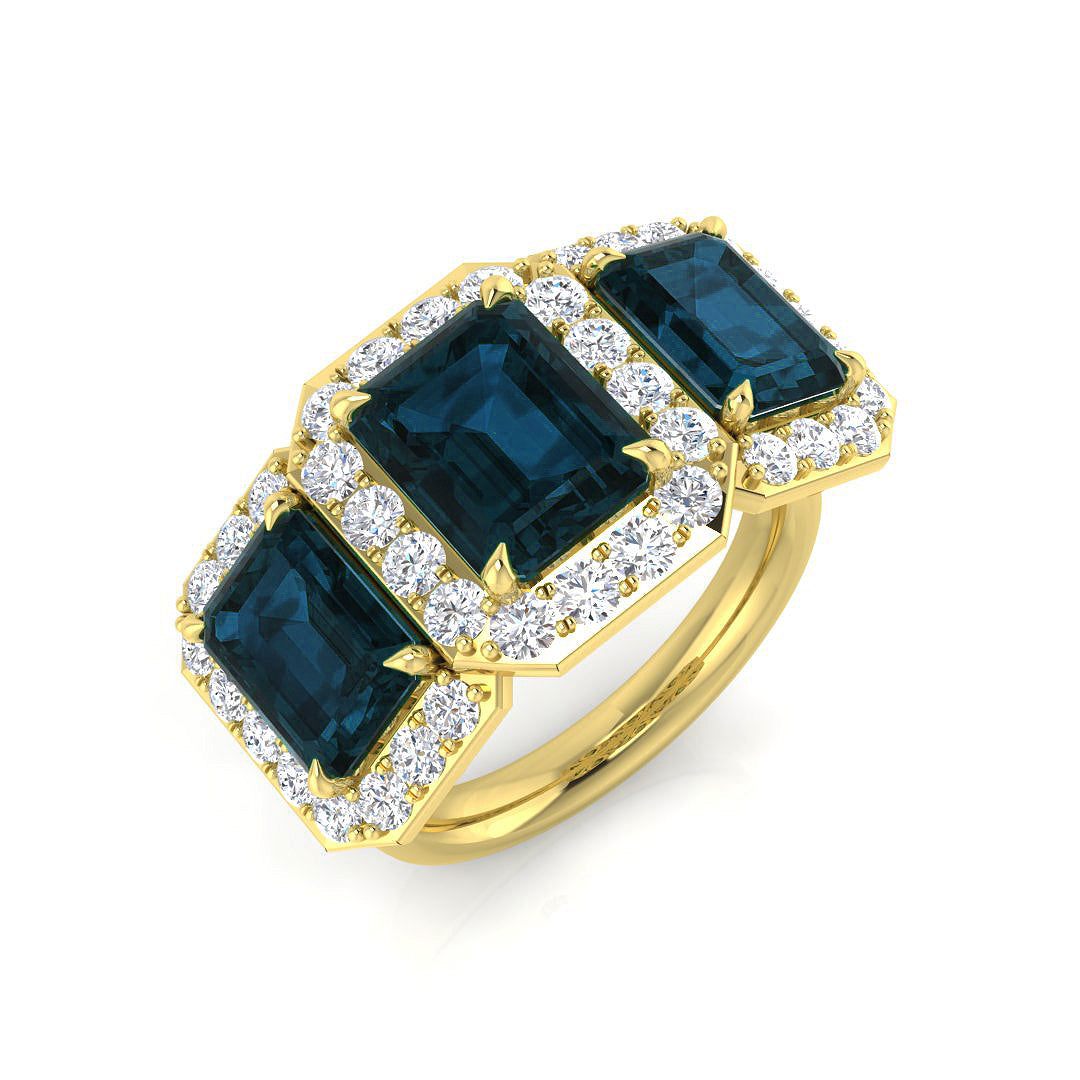 London Blue Topaz Three Stone Halo Ring with Natural Round Diamonds in 10K/14K gold and platinum with certified lab-grown or natural diamonds