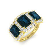 London Blue Topaz Three Stone Halo Ring with Natural Round Diamonds in 10K/14K gold and platinum with certified lab-grown or natural diamonds