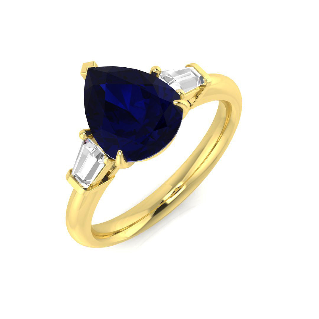 Pear Cut Blue Sapphire Three Stone Ring with Natural Baguette Side Stones in 10K/14K gold and platinum with certified lab-grown or natural diamonds