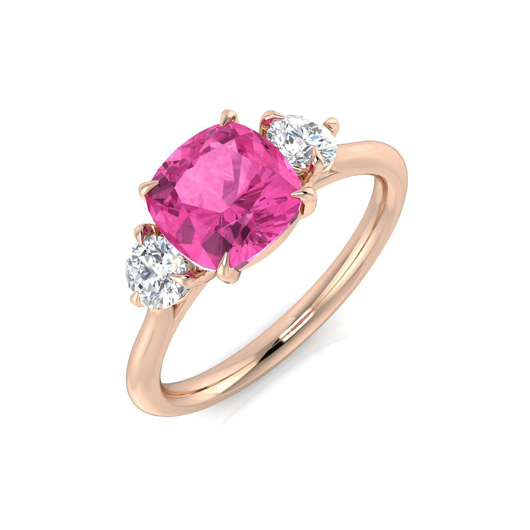 Cushion Cut Pink Sapphire Ring with Diamond Side Stones in 10K/14K gold and platinum with certified lab-grown or natural diamonds