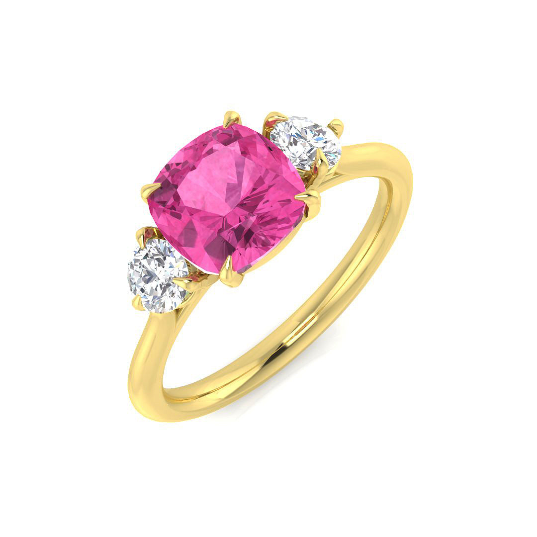 Cushion Cut Pink Sapphire Ring with Diamond Side Stones in 10K/14K gold and platinum with certified lab-grown or natural diamonds
