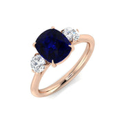 Cushion Cut Blue Sapphire Three Stone Ring in 10K/14K gold and platinum with certified lab-grown or natural diamonds