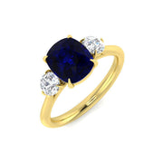 Cushion Cut Blue Sapphire Three Stone Ring in 10K/14K gold and platinum with certified lab-grown or natural diamonds