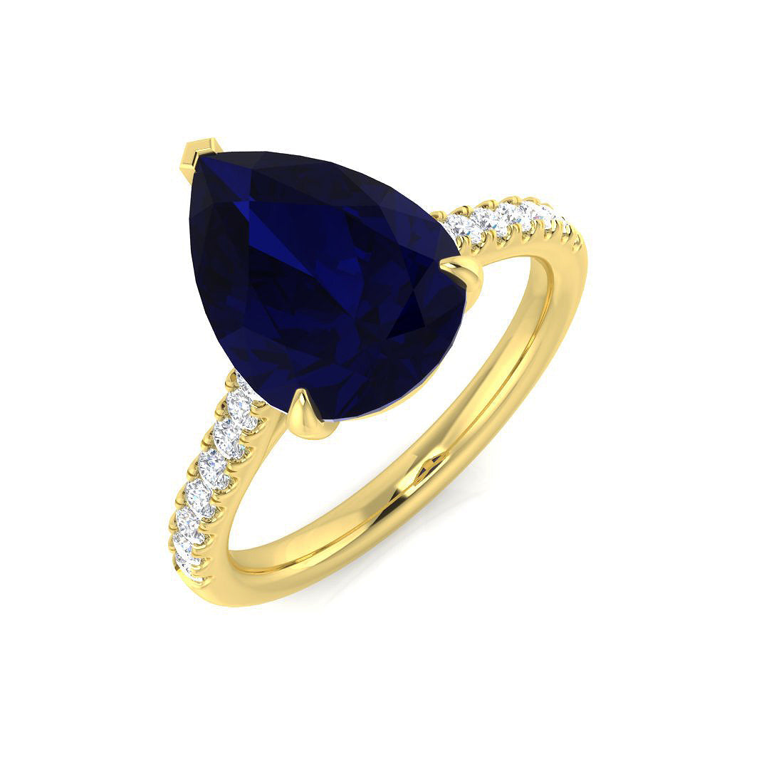 Pear Cut Blue Sapphire Ring with Natural Diamond Pave Band in 10K/14K gold and platinum with certified lab-grown or natural diamonds
