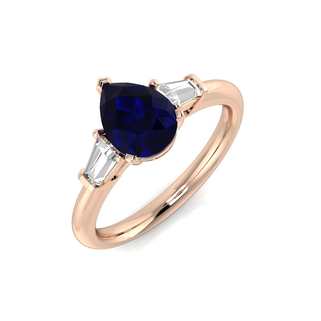 Pear Blue Sapphire & Emerald Cut Diamond Three Stone Engagement Ring in 10K/14K gold and platinum with certified lab-grown or natural diamonds