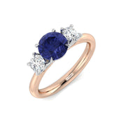 Three Stone Tanzanite Diamond Ring with Round Cut Natural Diamonds in 10K/14K gold and platinum with certified lab-grown or natural diamonds