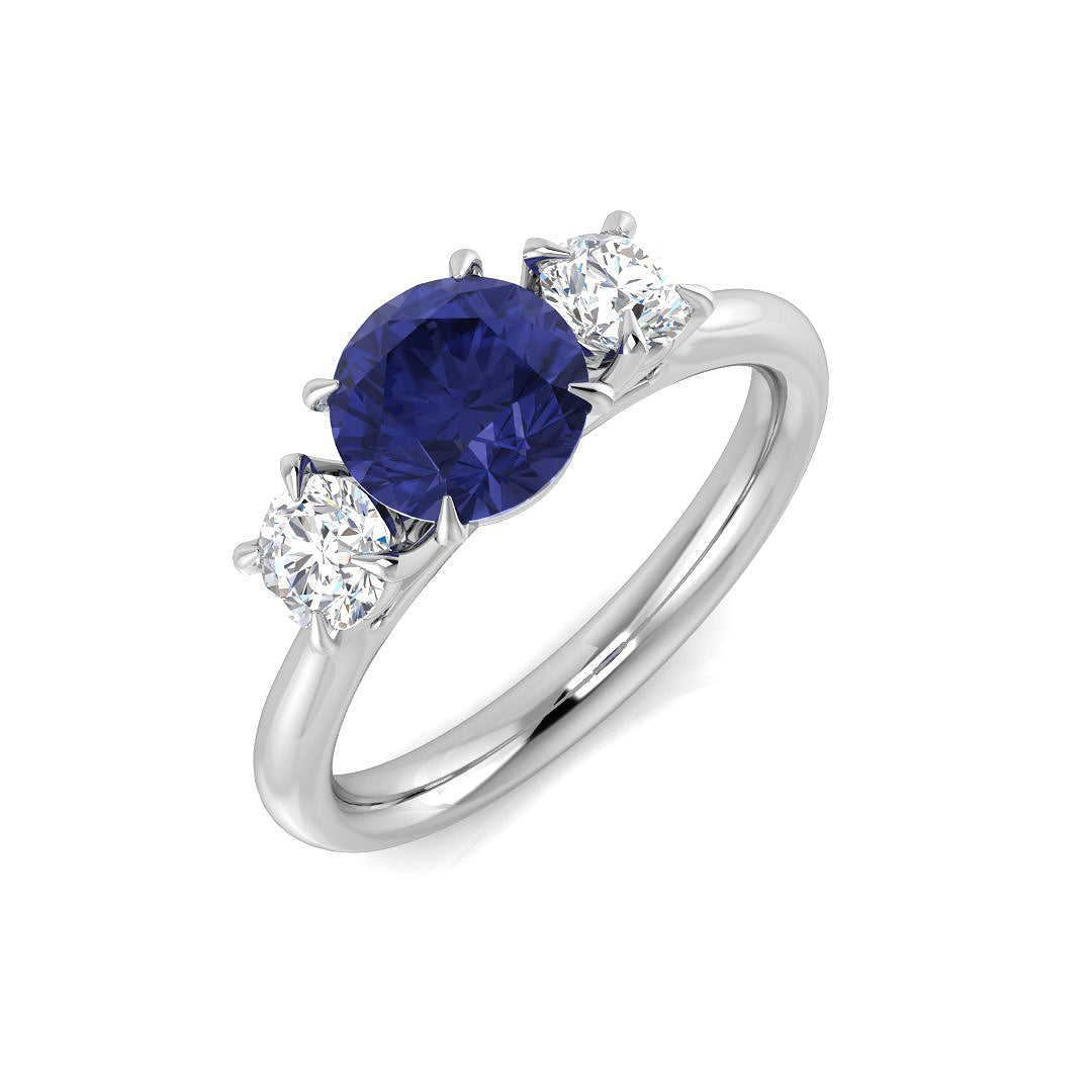 Three Stone Tanzanite Diamond Ring with Round Cut Natural Diamonds in 10K/14K gold and platinum with certified lab-grown or natural diamonds