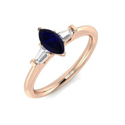 Marquise Blue Sapphire Ring with Baguette Diamonds Trilogy Design in 10K/14K gold and platinum with certified lab-grown or natural diamonds