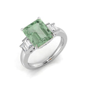 Emerald Cut Green Amethyst Five Stone Ring with Baguette Diamonds in 10K/14K gold and platinum with certified lab-grown or natural diamonds