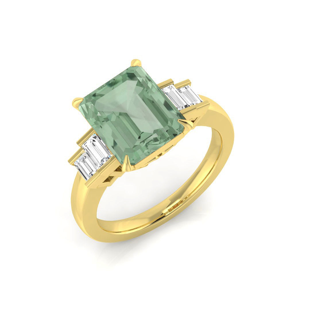 Emerald Cut Green Amethyst Five Stone Ring with Baguette Diamonds in 10K/14K gold and platinum with certified lab-grown or natural diamonds