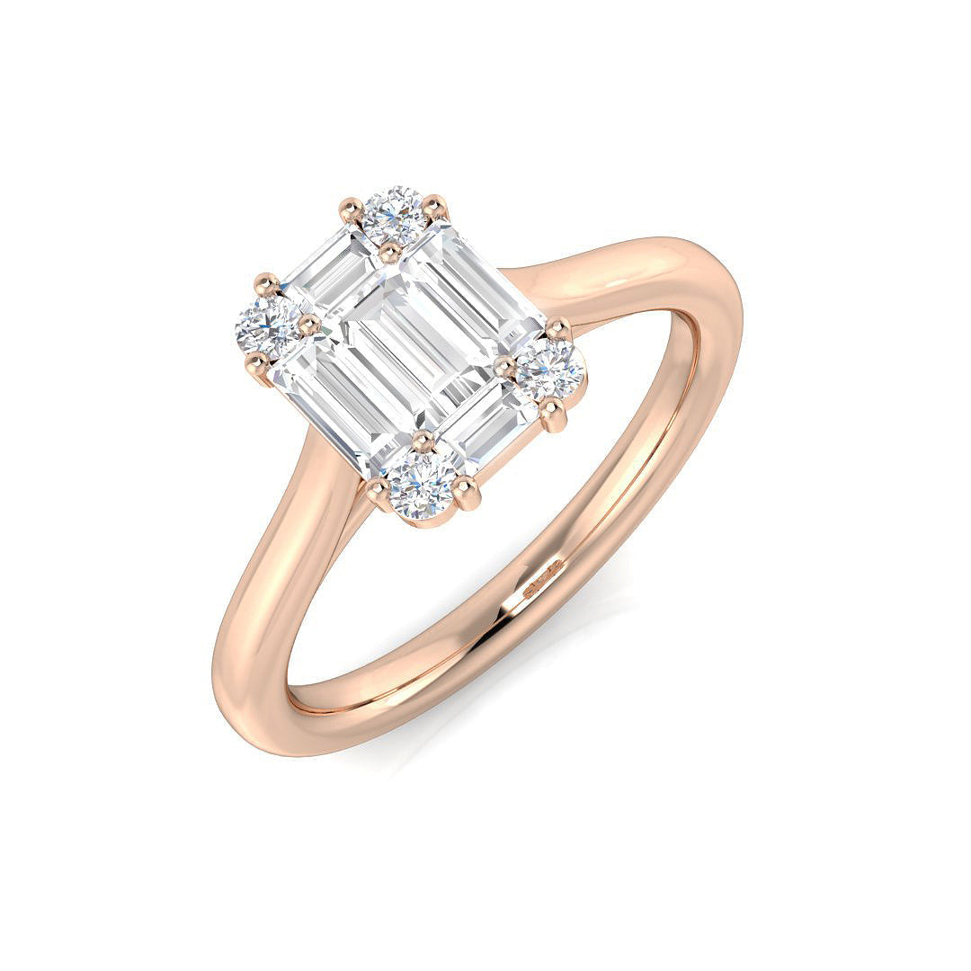Baguette & Round Cut Diamond Halo Sytle Engagement Ring in 10K/14K gold and platinum with certified lab-grown or natural diamonds