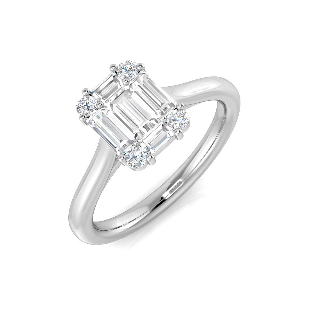 Baguette & Round Cut Diamond Halo Sytle Engagement Ring in 10K/14K gold and platinum with certified lab-grown or natural diamonds