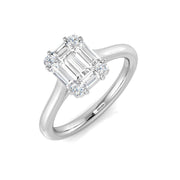 Baguette & Round Cut Diamond Halo Sytle Engagement Ring in 10K/14K gold and platinum with certified lab-grown or natural diamonds