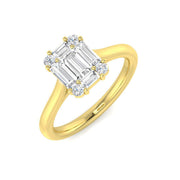 Baguette & Round Cut Diamond Halo Sytle Engagement Ring in 10K/14K gold and platinum with certified lab-grown or natural diamonds