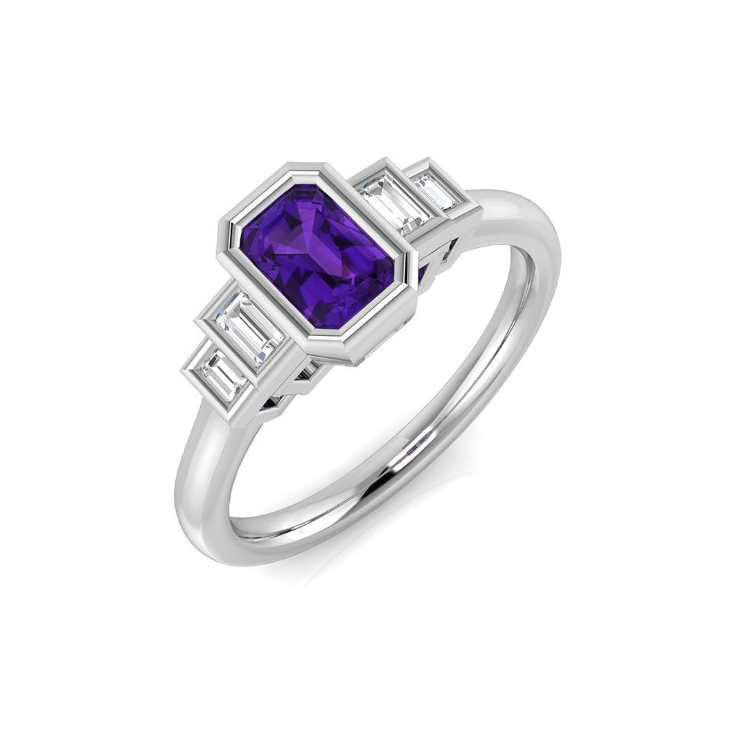 Emerald Cut Amethyst Ring with Baguette Diamonds Five Stone in 10K/14K gold and platinum with certified lab-grown or natural diamonds