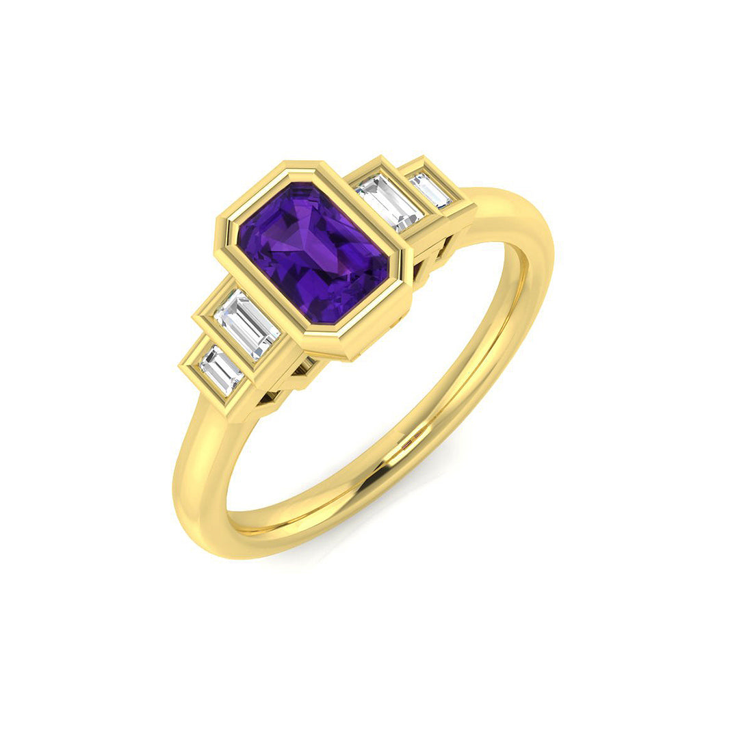 Emerald Cut Amethyst Ring with Baguette Diamonds Five Stone in 10K/14K gold and platinum with certified lab-grown or natural diamonds