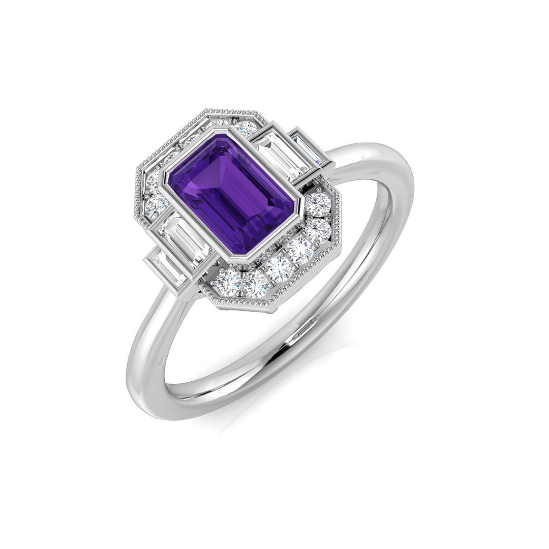 Amethyst Solitaire Ring with Pave Diamonds in 10K/14K gold and platinum with certified lab-grown or natural diamonds