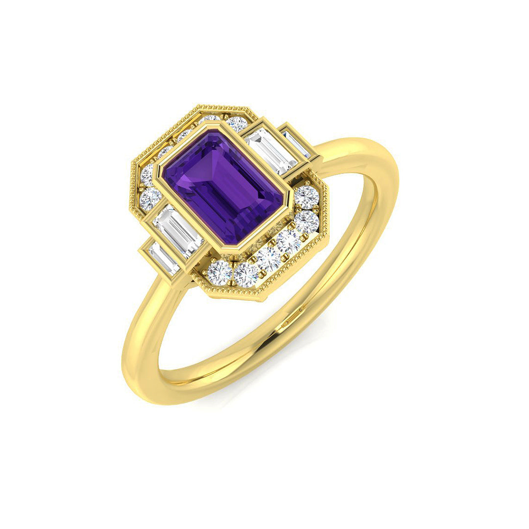 Amethyst Solitaire Ring with Pave Diamonds in 10K/14K gold and platinum with certified lab-grown or natural diamonds