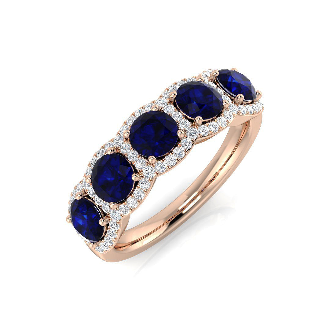Blue Sapphire 5 Stone Halo Ring Cluster in 10K/14K gold and platinum with certified lab-grown or natural diamonds