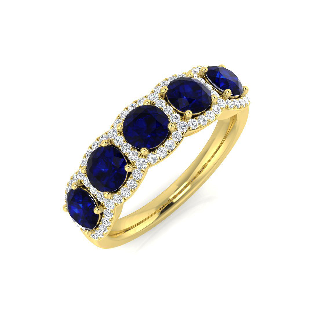 Blue Sapphire 5 Stone Halo Ring Cluster in 10K/14K gold and platinum with certified lab-grown or natural diamonds