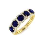 Blue Sapphire 5 Stone Halo Ring Cluster in 10K/14K gold and platinum with certified lab-grown or natural diamonds