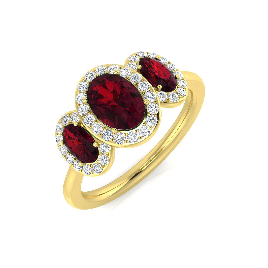 Ruby Ring Oval Cut Trilogy Halo with Diamond Pave in 10K/14K gold and platinum with certified lab-grown or natural diamonds