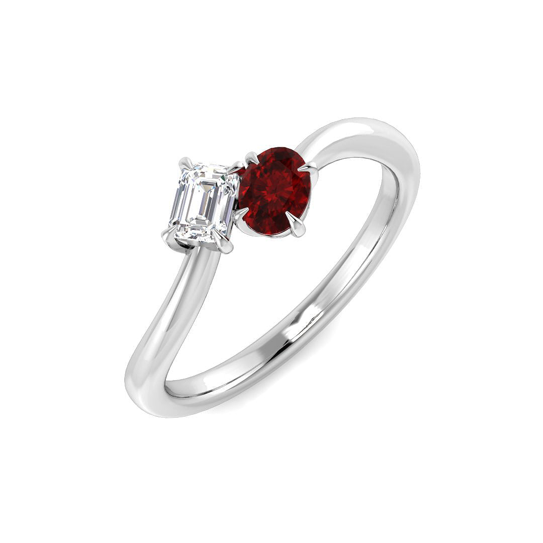Ruby Emerald Two Stone Ring Oval Cut in 10K/14K gold and platinum with certified lab-grown or natural diamonds