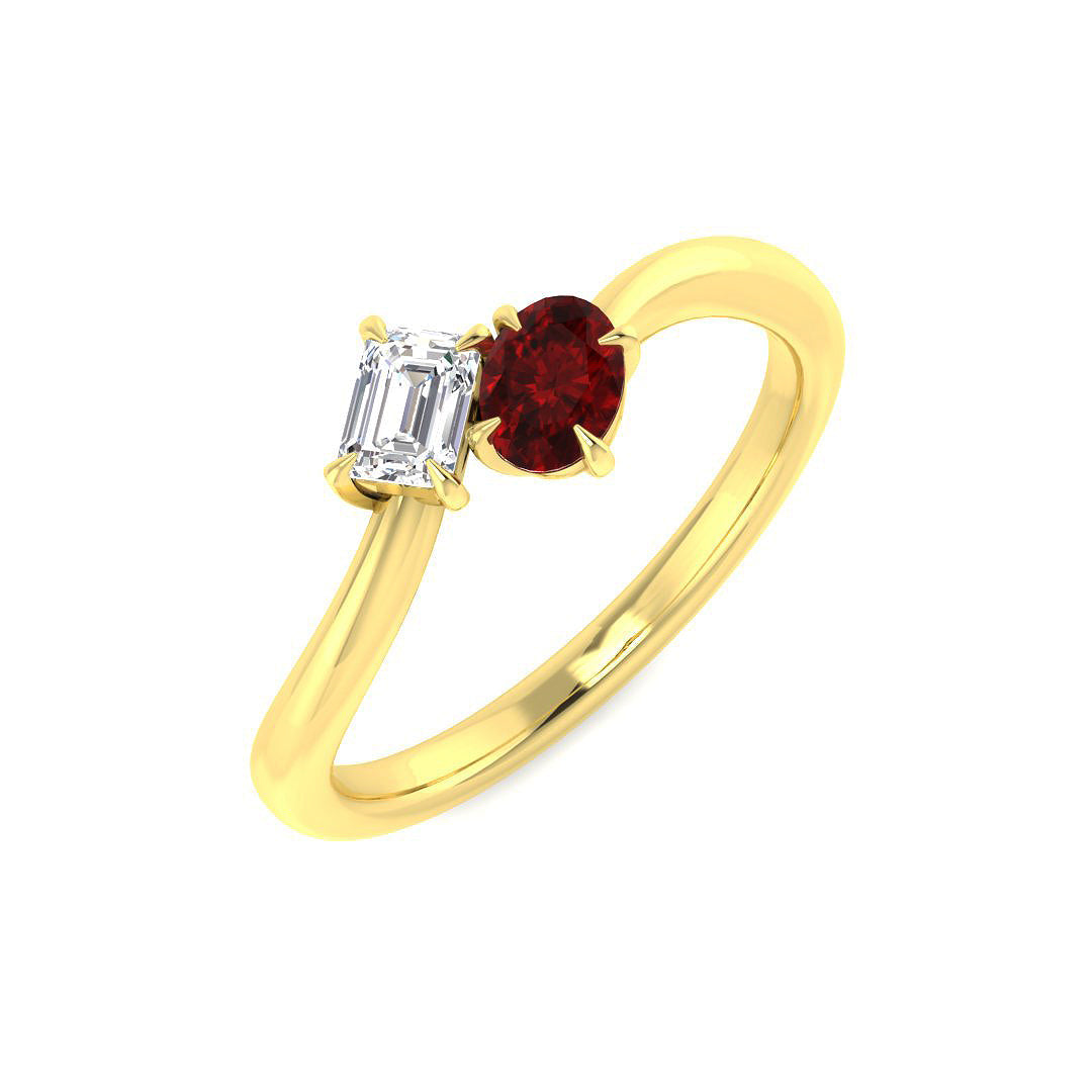 Ruby Emerald Two Stone Ring Oval Cut in 10K/14K gold and platinum with certified lab-grown or natural diamonds