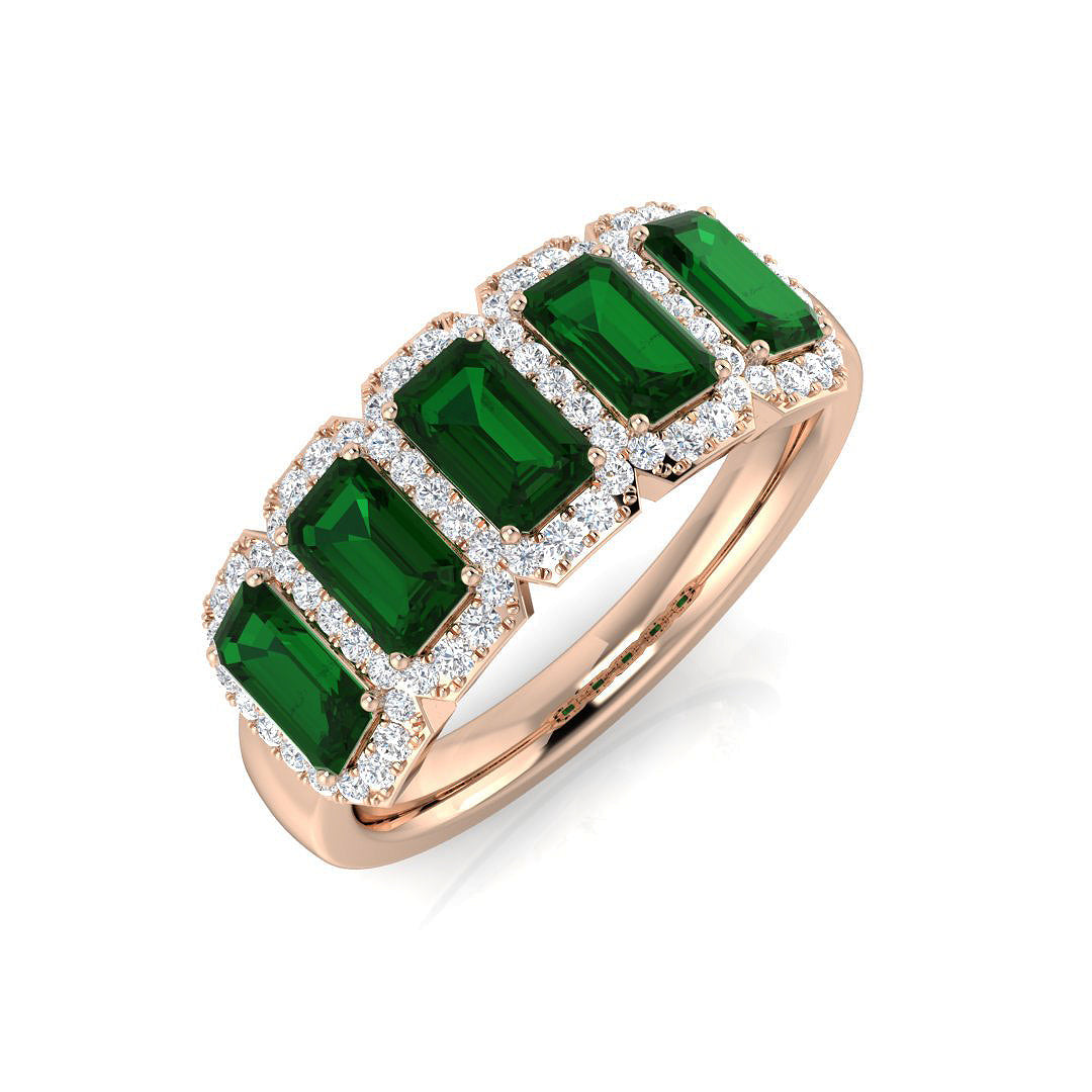 Emerald Five Stone Ring with Diamond Pave Halo Band in 10K/14K gold and platinum with certified lab-grown or natural diamonds