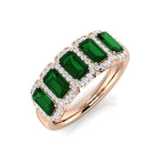 Emerald Five Stone Ring with Diamond Pave Halo Band in 10K/14K gold and platinum with certified lab-grown or natural diamonds