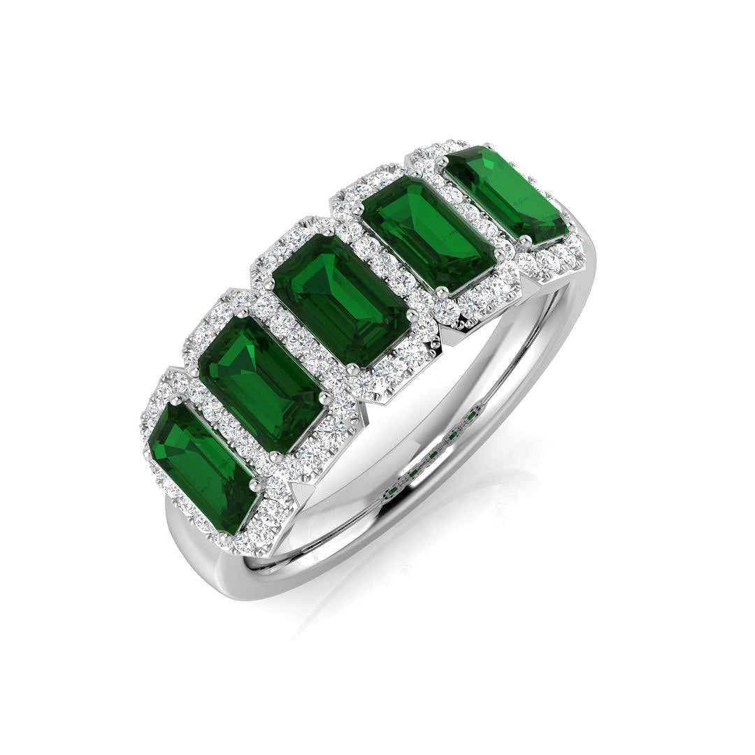 Emerald Five Stone Ring with Diamond Pave Halo Band in 10K/14K gold and platinum with certified lab-grown or natural diamonds