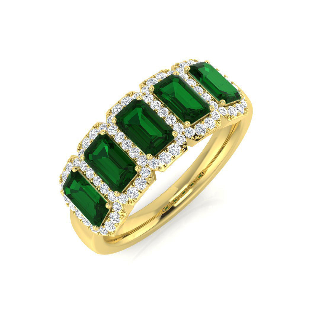 Emerald Five Stone Ring with Diamond Pave Halo Band in 10K/14K gold and platinum with certified lab-grown or natural diamonds