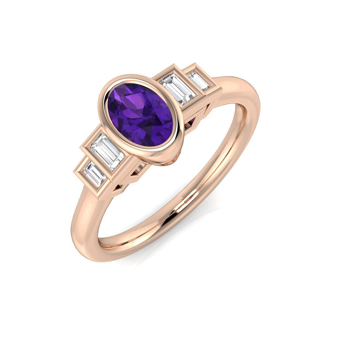 Amethyst 5 Stone Ring with Baguette Side Stones in 10K/14K gold and platinum with certified lab-grown or natural diamonds
