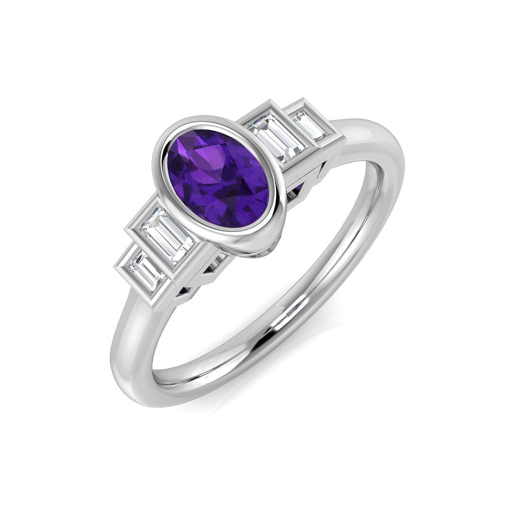 Amethyst 5 Stone Ring with Baguette Side Stones in 10K/14K gold and platinum with certified lab-grown or natural diamonds