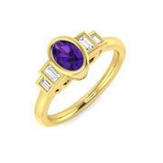 Amethyst 5 Stone Ring with Baguette Side Stones in 10K/14K gold and platinum with certified lab-grown or natural diamonds