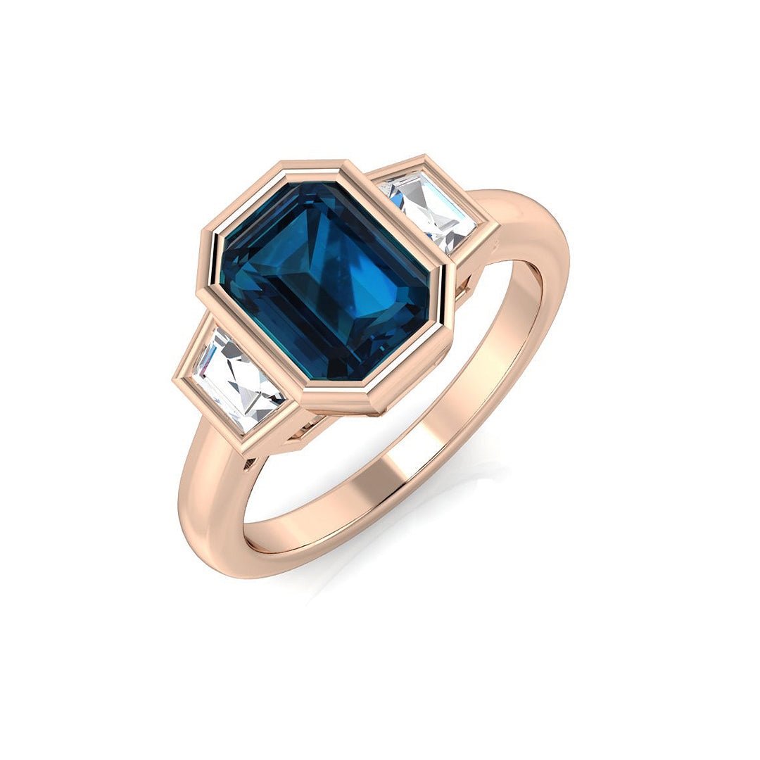 Emerald Cut London Blue Topaz Ring with Baguette Trilogy - UK Made in 10K/14K gold and platinum with certified lab-grown or natural diamonds