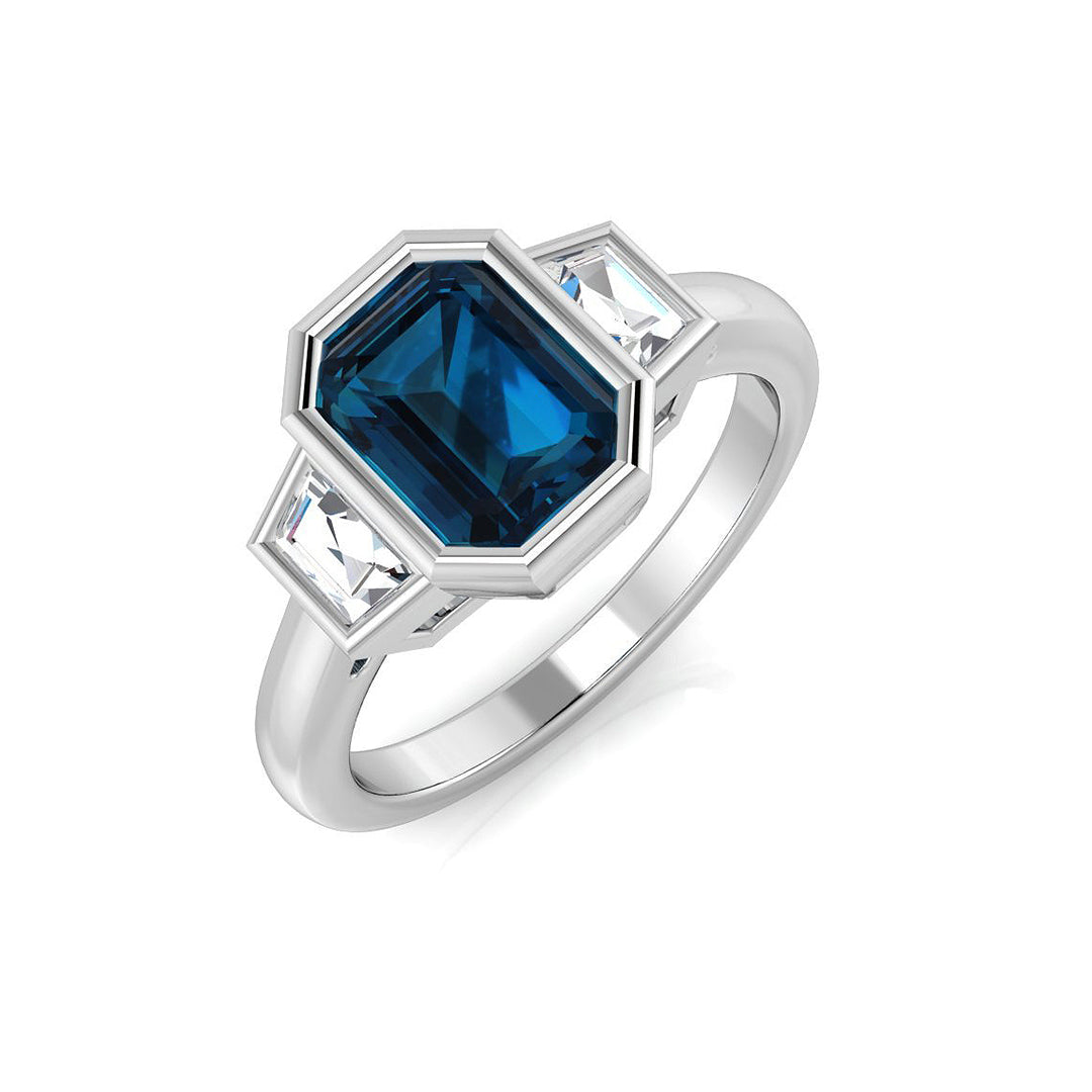 Emerald Cut London Blue Topaz Ring with Baguette Trilogy - UK Made in 10K/14K gold and platinum with certified lab-grown or natural diamonds