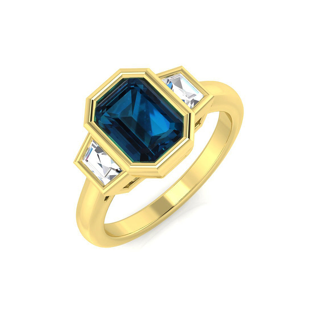 Emerald Cut London Blue Topaz Ring with Baguette Trilogy - UK Made in 10K/14K gold and platinum with certified lab-grown or natural diamonds