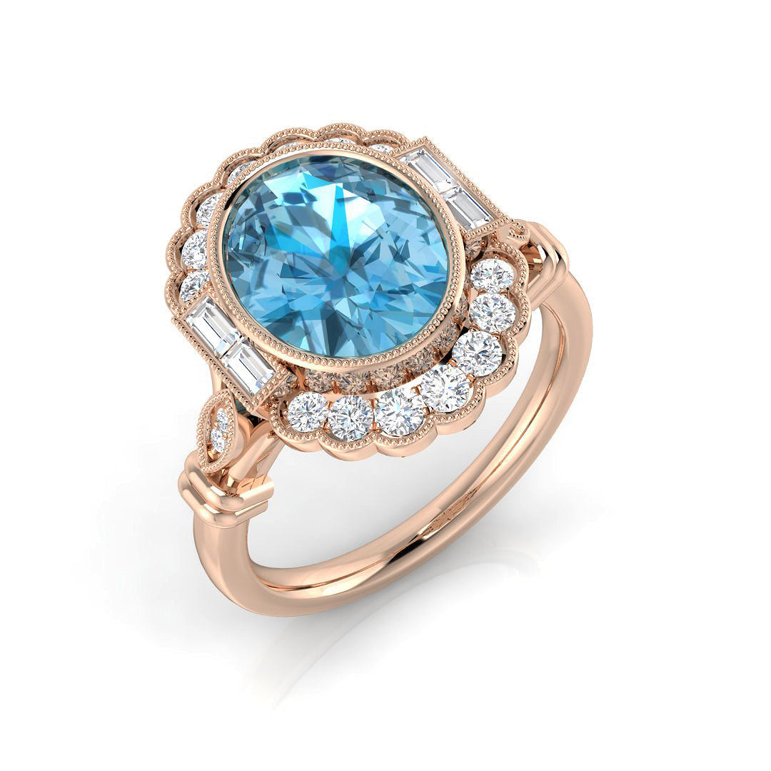 Oval Cut Blue Topaz Vintage Ring with Natural Diamonds in 10K/14K gold and platinum with certified lab-grown or natural diamonds