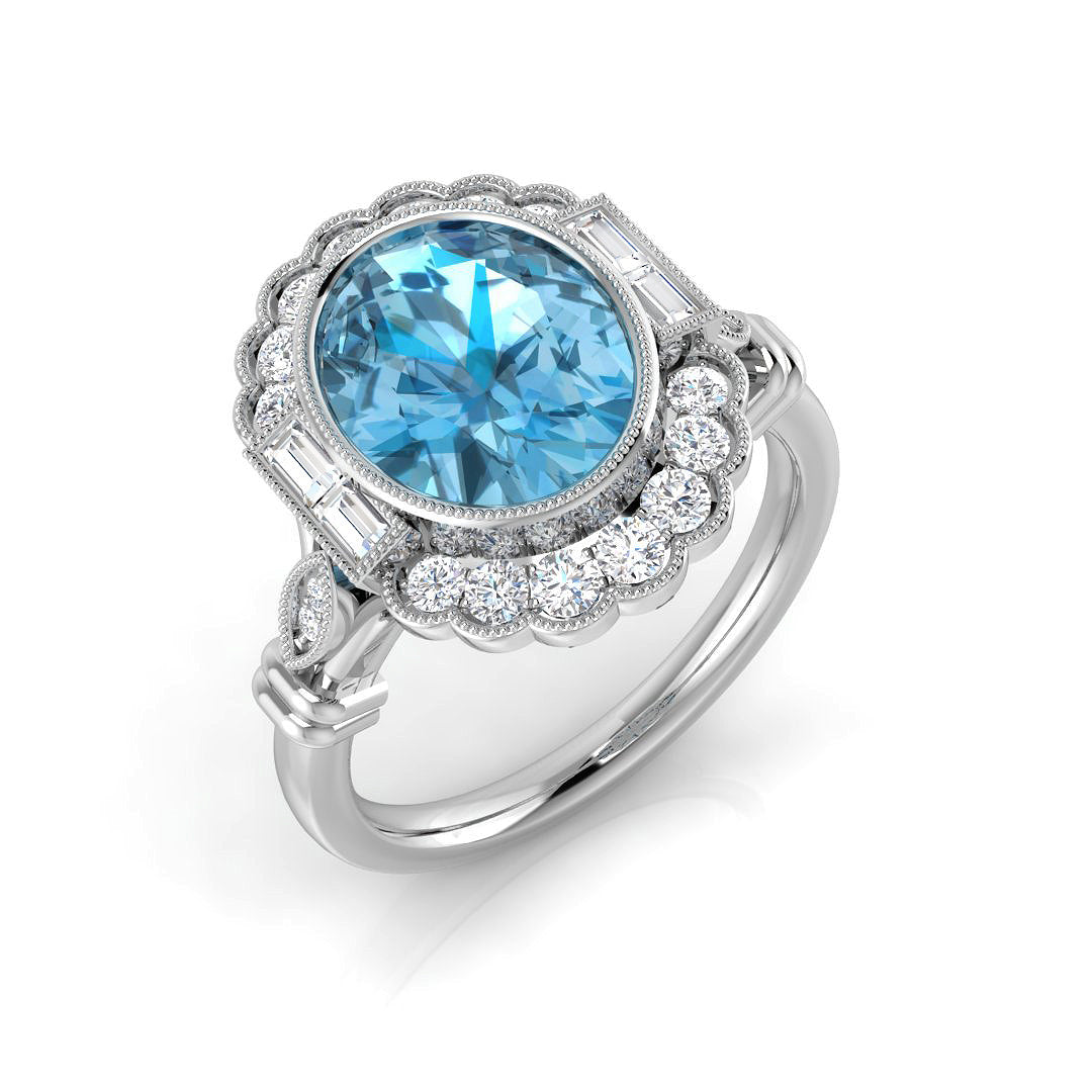 Oval Cut Blue Topaz Vintage Ring with Natural Diamonds in 10K/14K gold and platinum with certified lab-grown or natural diamonds