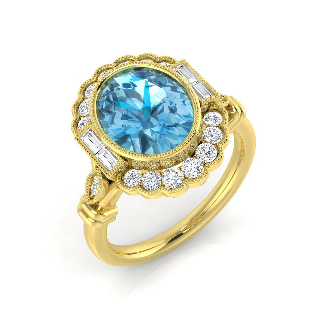Oval Cut Blue Topaz Vintage Ring with Natural Diamonds in 10K/14K gold and platinum with certified lab-grown or natural diamonds